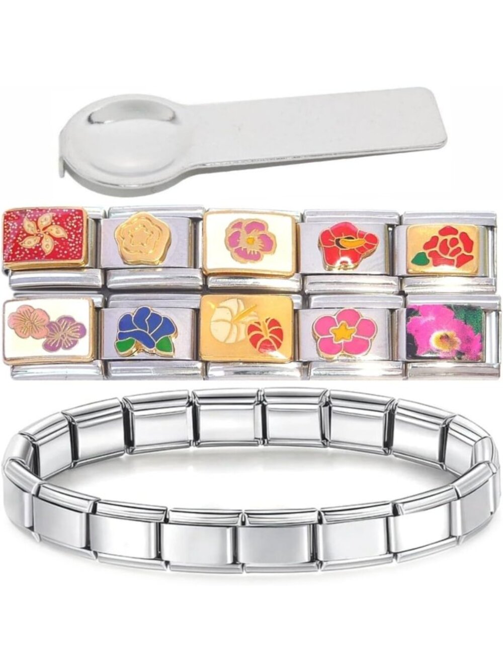 10-Piece Flower Charms Set with Starter Bracelet & Tool - Daisy, Hibiscus & More